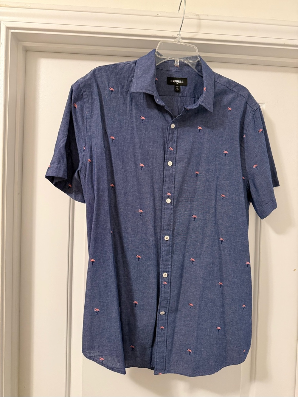 Express Blue Short-Sleeve Button-Down Shirt with Pink Embroidery